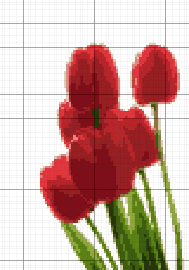 Cross stitch chart of the tulips, 80 stitches wide, with the white background removed